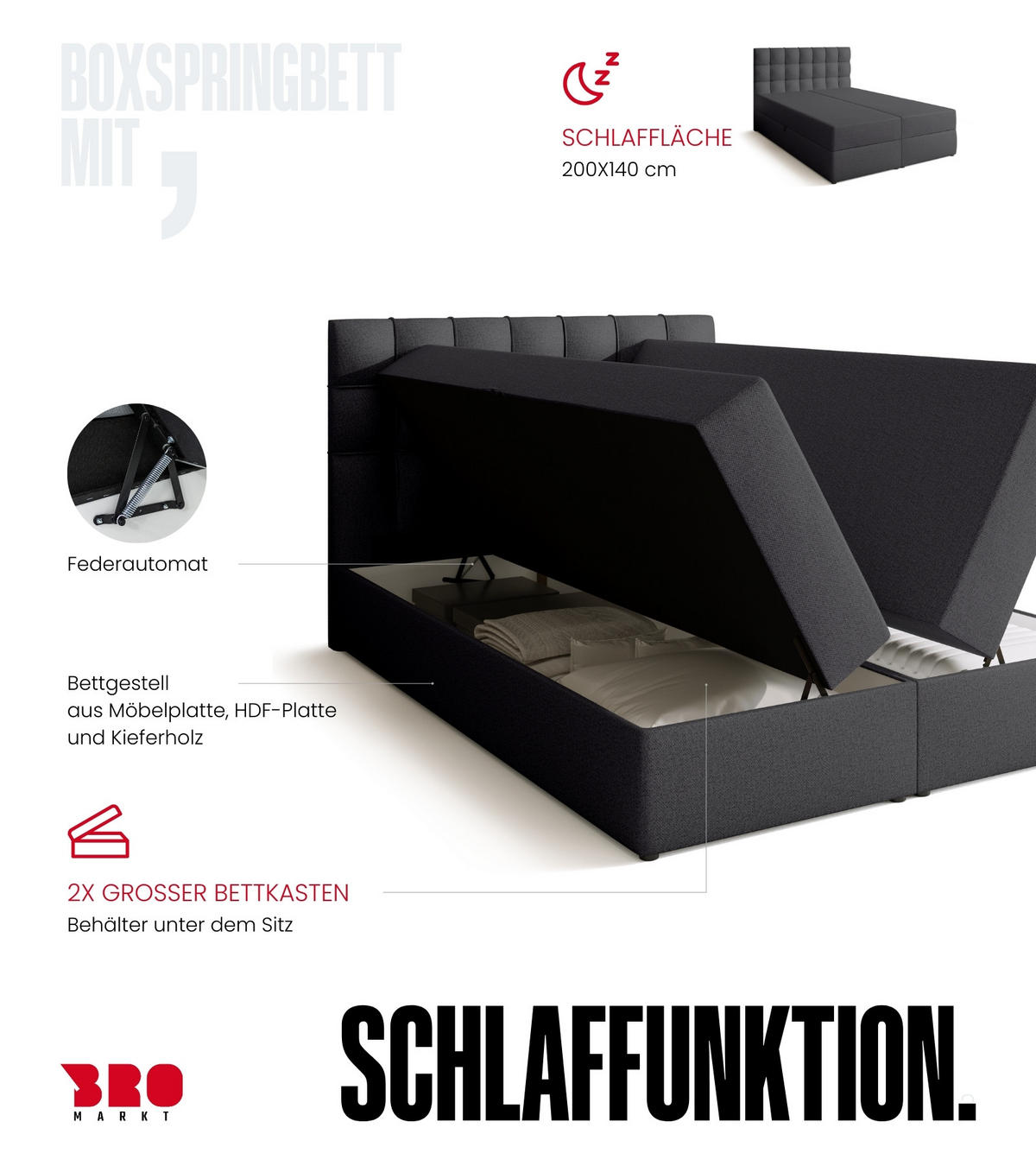 BOXBETT Detroit mit Topper 140/200 Dunkelgrau - Dunkelgrau, Textil (140/200cm) - Bromarkt