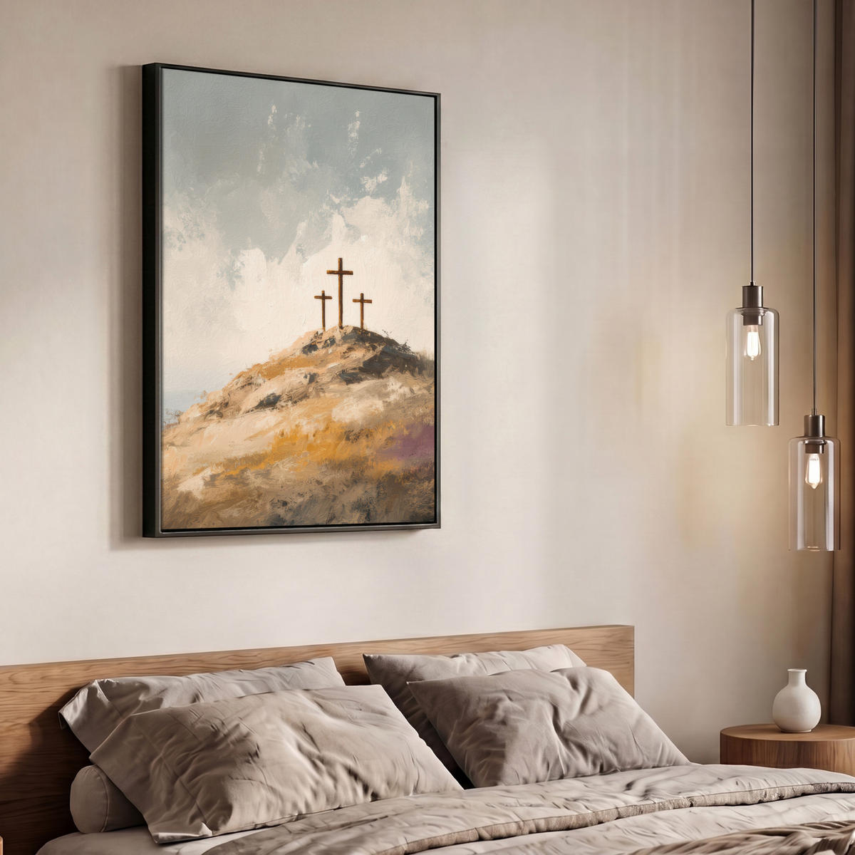 LEINWAND Bilder mit Rahmen - Hügel - Abstrakt - Christentum - Kreuz - 70x100 - Hellgrau, Textil (70/100cm) - MuchoWow