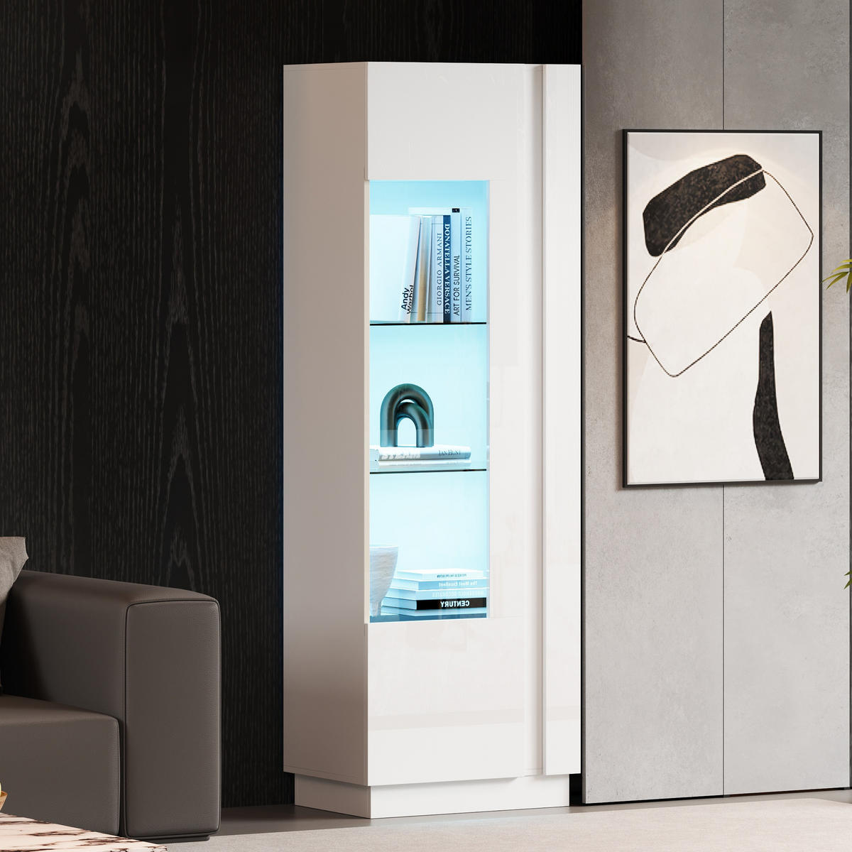 VITRINE 60/40/180 cm weiß aus Holzwerkstoff mit LED und Acrylfront - Weiß, Holzwerkstoff (60/180/40cm) - OKWISH