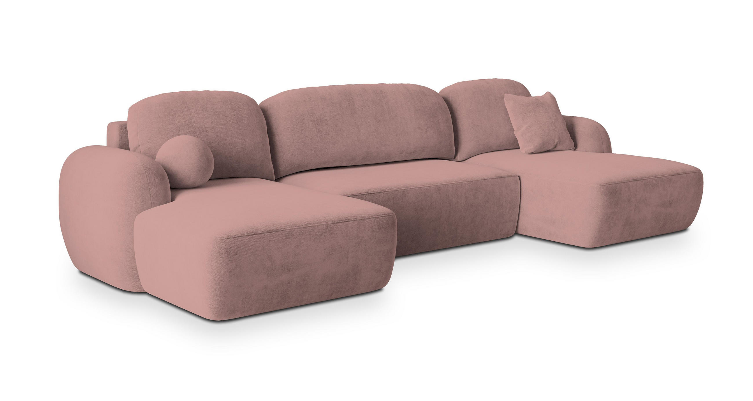 WOHNLANDSCHAFT SAVONA K Rosa Plüsch-Stoff mit Schlaffunktion - Rosa, Holz (350/90/148cm) - MASSENO