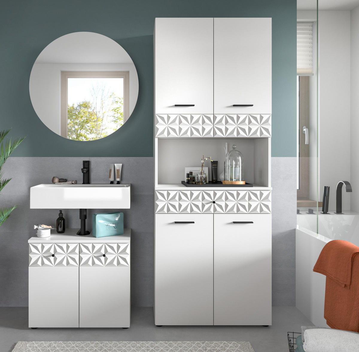 BADMÖBEL-SET weiß Hochglanz 3-teilig 155 cm, Komplettset mit 3D-Struktur - Weiß Hochglanz, Glas/Holzwerkstoff (155/187/37cm) - Inn.Furn