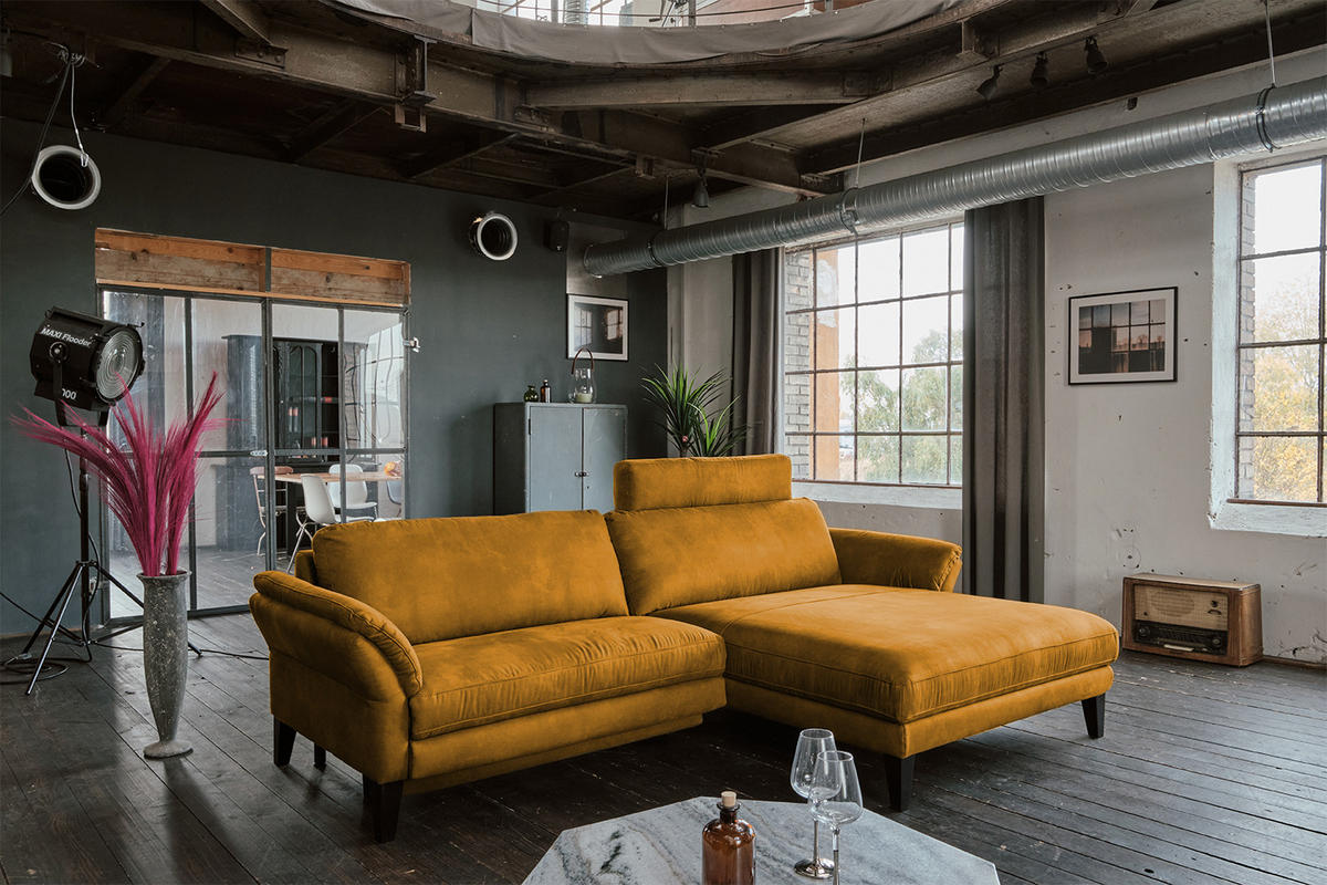 ECKSOFA MIT MOTORISCHER RELAXFUNKTION MALTA Gold Webstoff - Goldfarben/Schwarz, Buchenholz/Textil (302/175cm) - KAWOLA