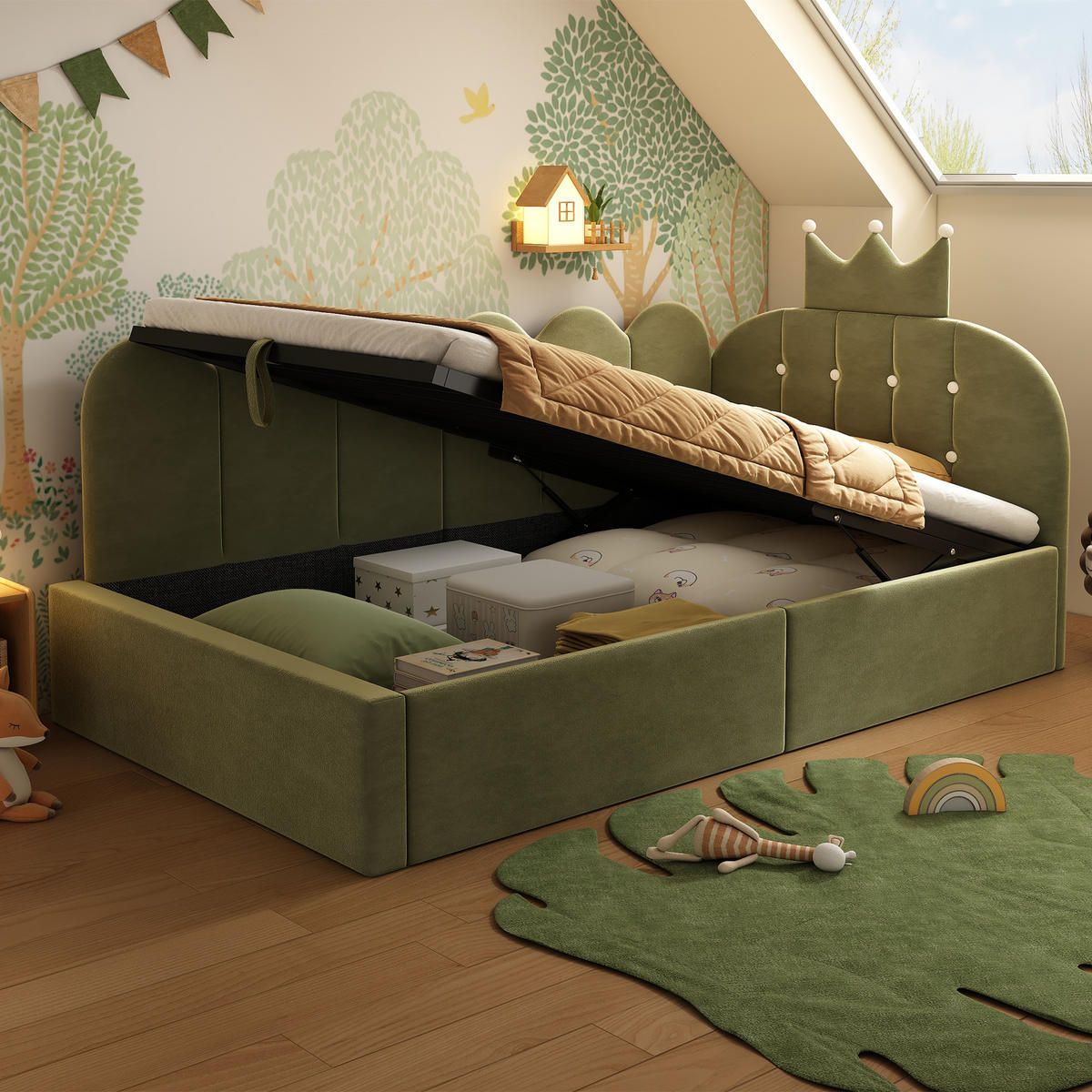 KINDERBETT 90/200 cm DE-00316, in Grün, hydraulischem Stauraum - Grün, Metall (90/200cm) - ComfortXL