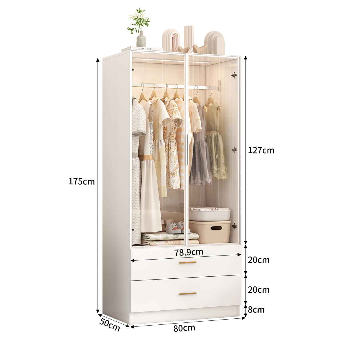 KLEIDERSCHRANK 80x50x175 cm LED Glastür Kleiderstange 2 Schubladen weiß - Weiß, Holz (80/175/50cm) - LEBENLANG