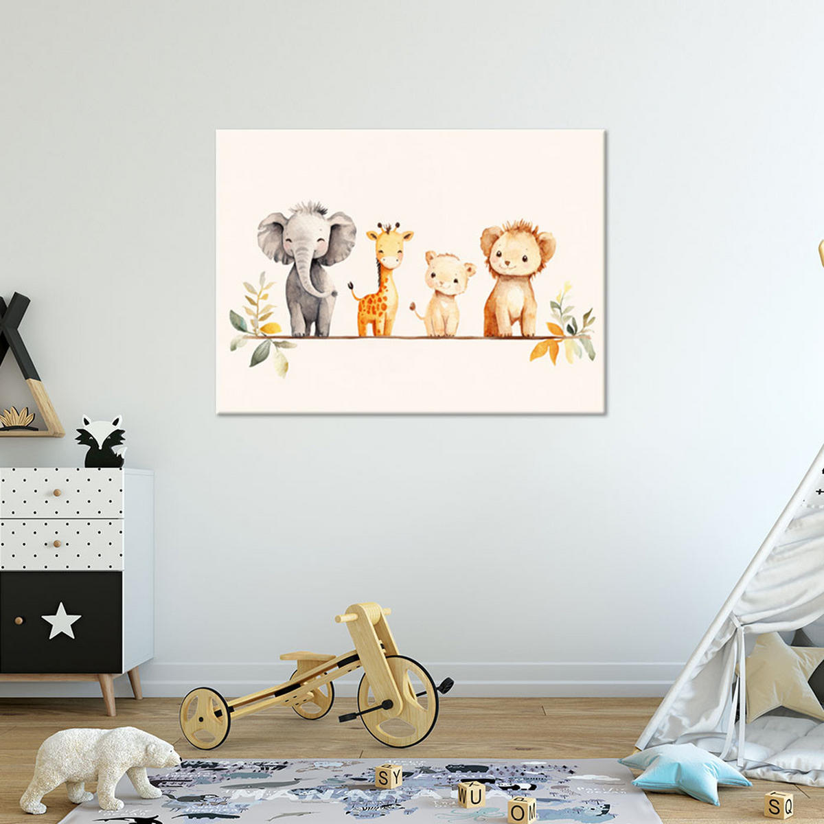 WANDBILD für kinderzimmer afrikanische bunte tiere in beige - Beige, Textil (60/40cm) - Feeby