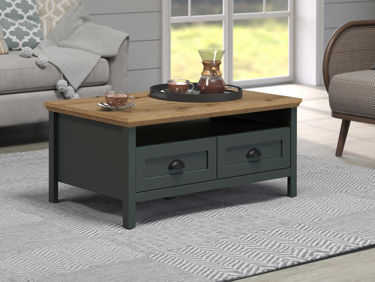 COUCHTISCH grün, Evoke Eiche Landhaus 101 x 60 cm, Beistelltisch mit Schubkästen - Eichefarben/Schwarz, Holzwerkstoff/Kunststoff (60/101/45cm) - Top.Furn