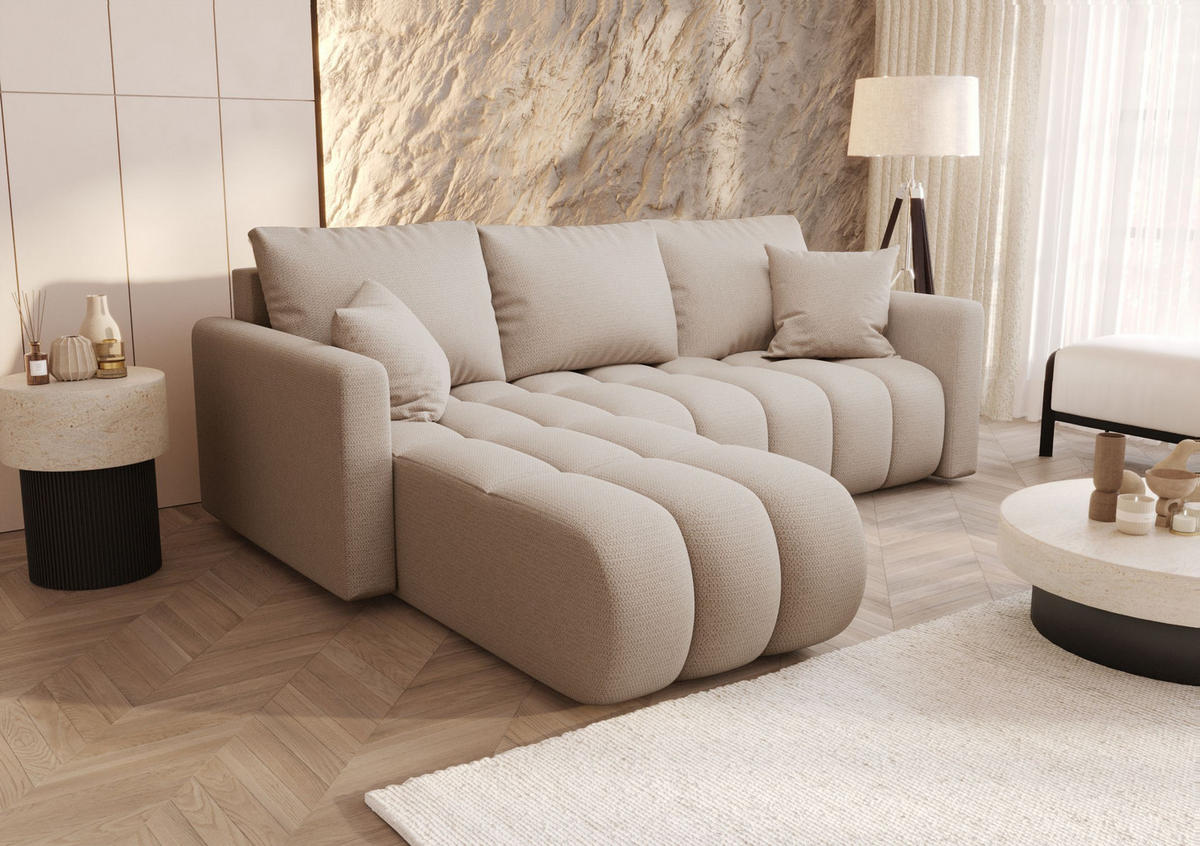 ECKSOFA GARDA links hellbeige Strickstoff Aragon 3 - Schlaffunktion, Bettkasten - Creme, Textil (230/150cm) - Cornero