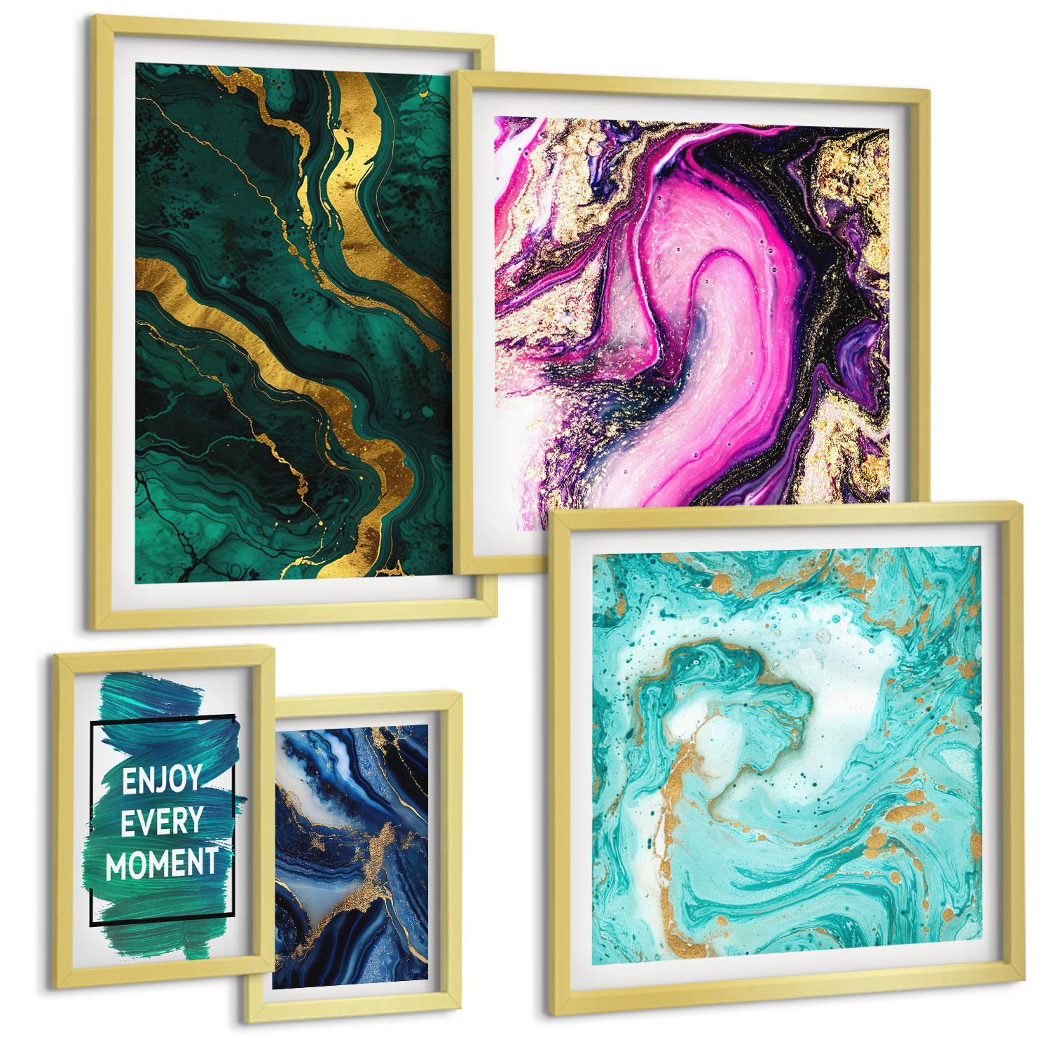 BILDER SET 5er Set - 50x50 cm & 20x30 cm & 40x60 cm Goldrahmen - Abstrakte Muster in Rosa, Grün und Blau - Goldfarben, Kunststoff (40/60cm) - TULUP
