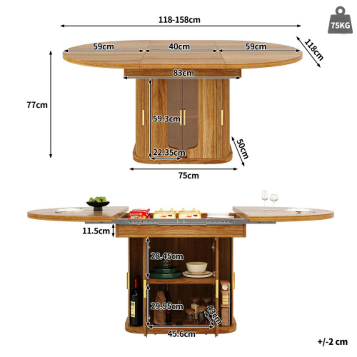 ESSTISCH Walnussoptik aus MDF mit Glas-Schubladenfronten 118–158 × 118 × 77 cm - Walnussfarben, Holzwerkstoff (158/118/77cm) - Luhomfu