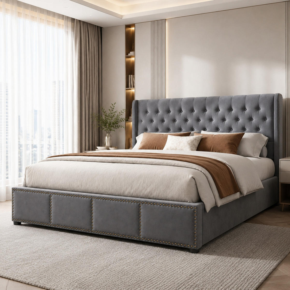 POLSTERBETT 140/190 cm in Grau Samt mit Bettkasten und Nieten - Grau, Holzwerkstoff/Textil (140/190cm) - CHICFURN