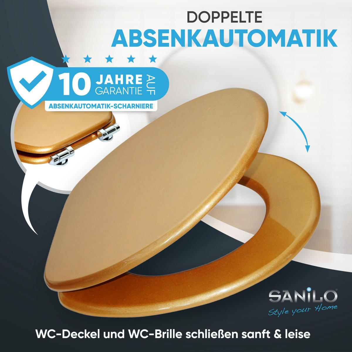 WC-SITZ mit Absenkautomatik Glitzer Gold - Goldfarben, Holzwerkstoff (38/6/47cm) - Sanilo