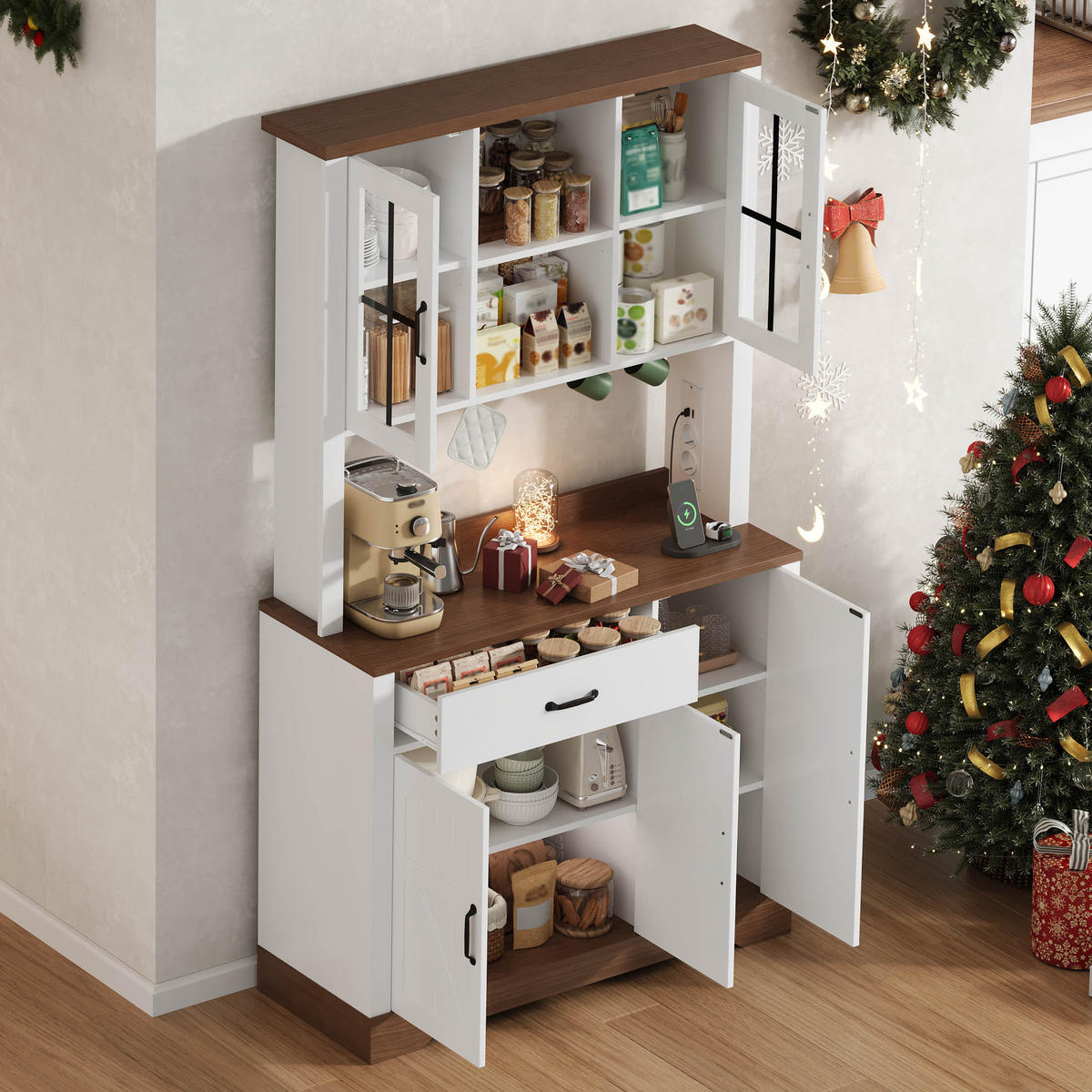 BUFFET 105/40/185 cm Weiß mit 1 Schubladen, farbwechselnder LED-Beleuchtung und Steckdosen - Weiß, Holz (105/185/40cm) - Oxeza