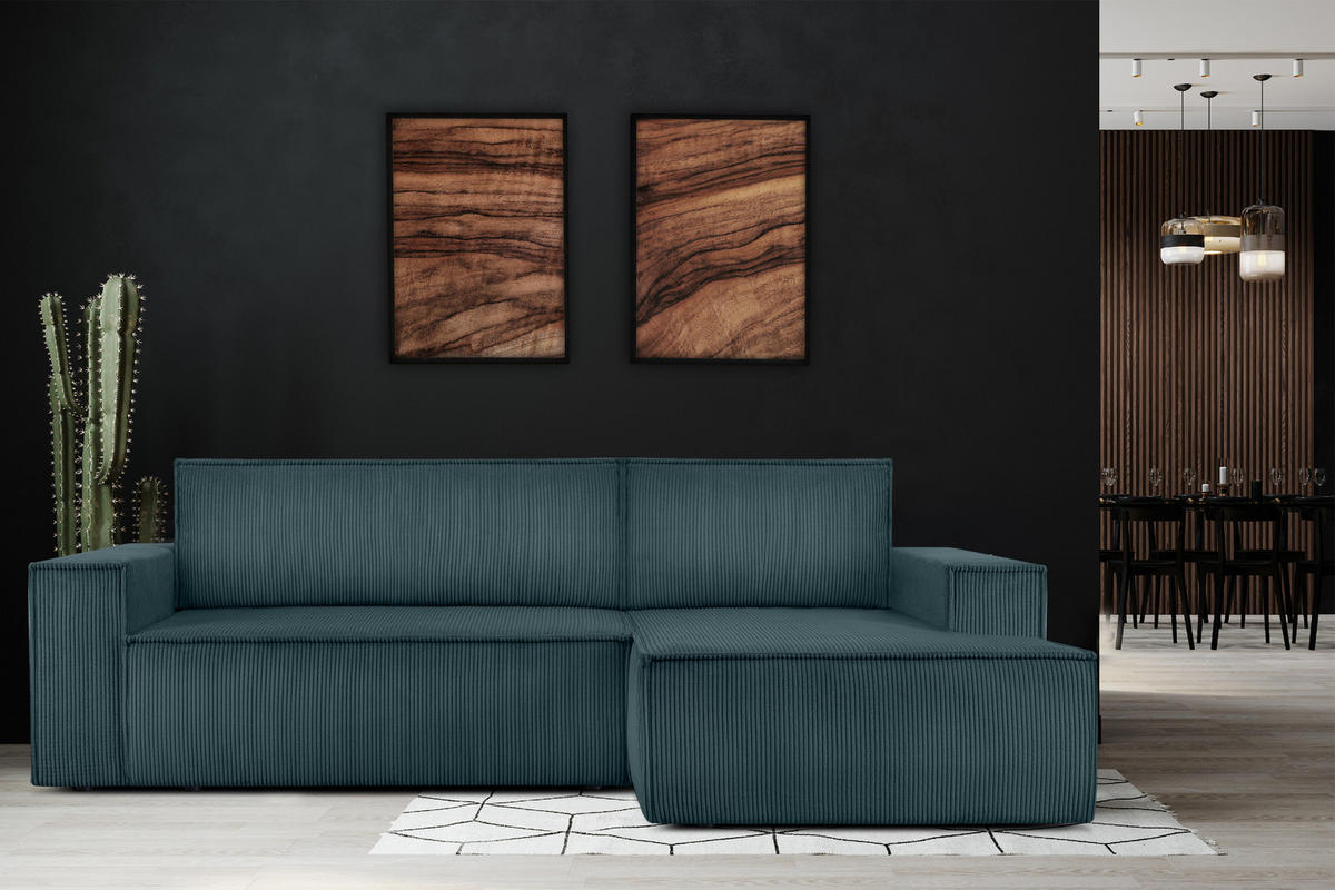 ECKSCHLAFSOFA-RECHTS NAPI in Pet Friendly Cord-Stoff, blau - Blau/Schwarz, Textil (262/148cm) - KONSIMO®