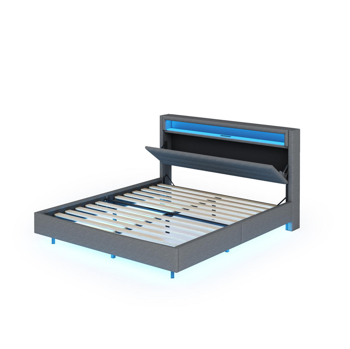 POLSTERBETT 140/200 cm grau mit USB-Steckdose und LED-Beleuchtung - Grau, Textil (140/200cm) - OKWISH