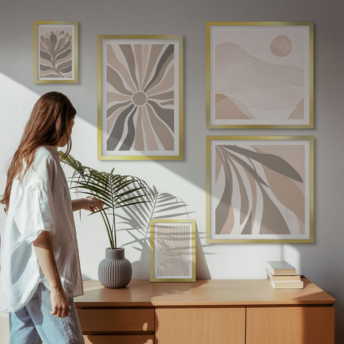 BILDER SET 5er Set - 50x50 cm & 20x30 cm & 40x60 cm Goldrahmen - Abstrakte Pflanzenmuster - Goldfarben, Kunststoff (40/60cm) - TULUP