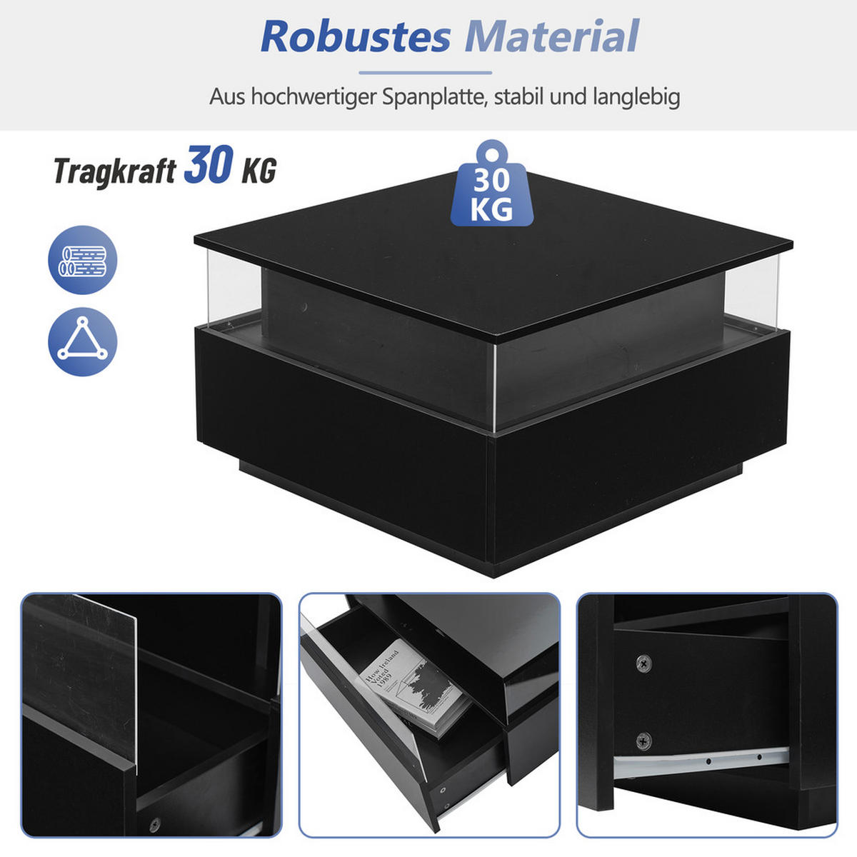 COUCHTISCH 70x70cm Schwarz Hochglanz LED 2 Schubladen Präsentation 30kg - Schwarz, Holz (80.01/80.01/15.98cm) - FLIEKS