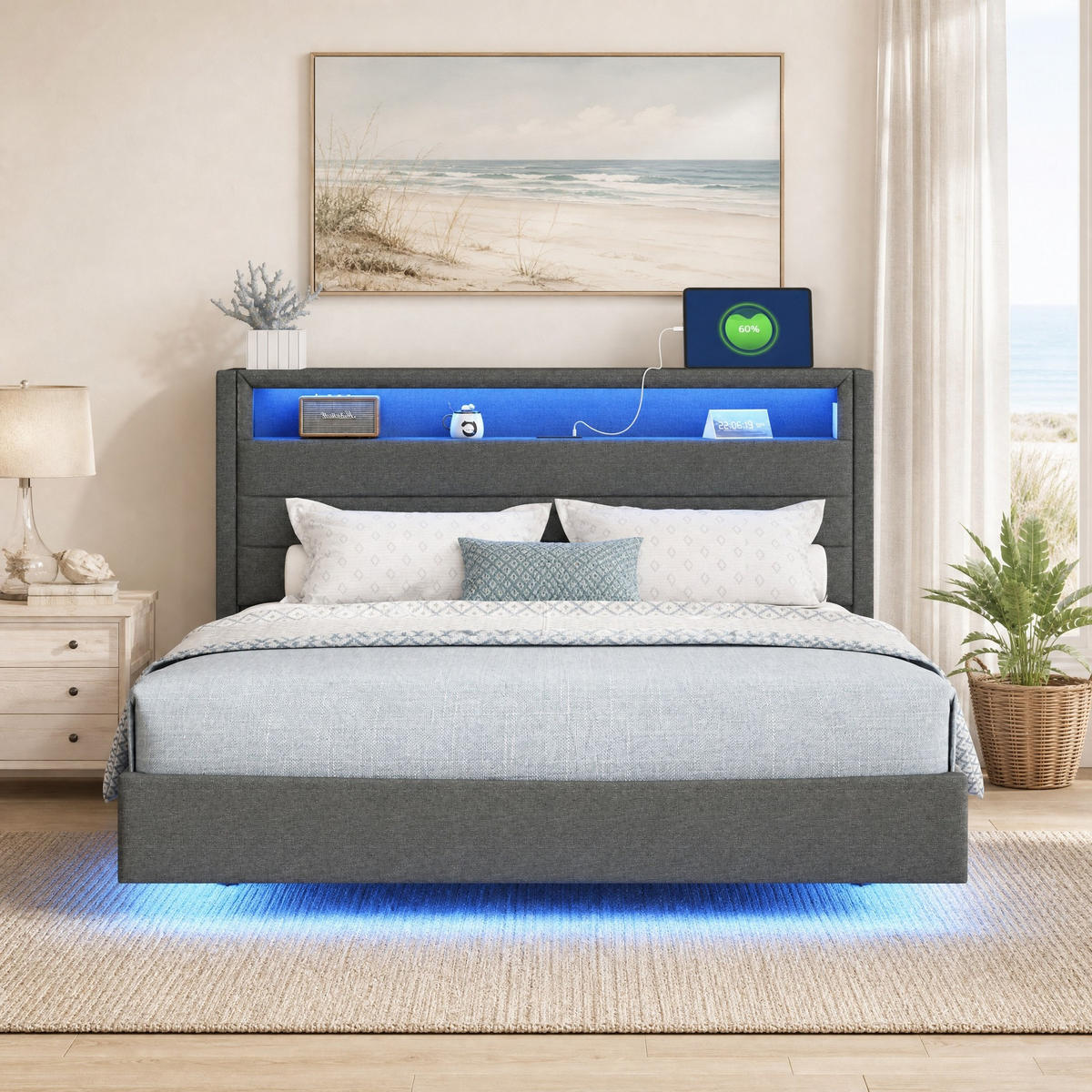 POLSTERBETT 140/200 mit LED, USB-Steckdose und Stauraum im wendbaren Kopfteil in Grau - Grau, Holzwerkstoff/Textil (140/200cm) - EVRYAE