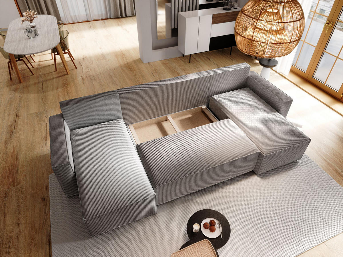 WOHNLANDSCHAFT ASPRA Creme Kordstoff mit Schlaffunktion - Creme, Holz (295/85/140cm) - MASSENO