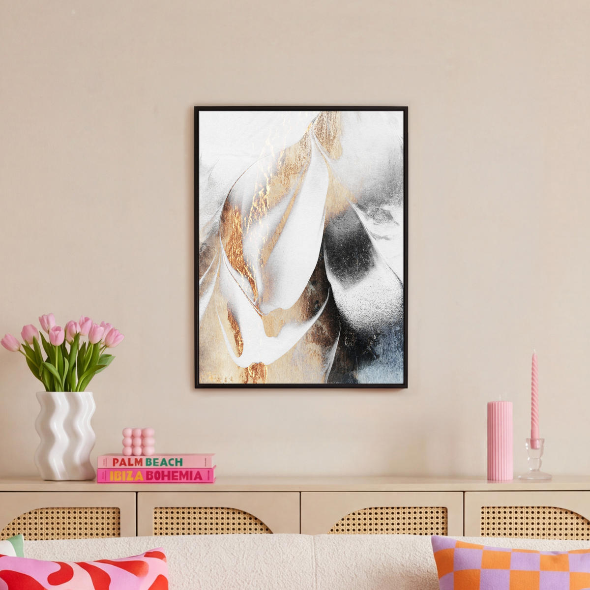 LEINWAND Bilder mit Rahmen - Luxus - Abstrakt - Gold - Weiß - 50x70 - Goldfarben, Textil (50/70cm) - MuchoWow