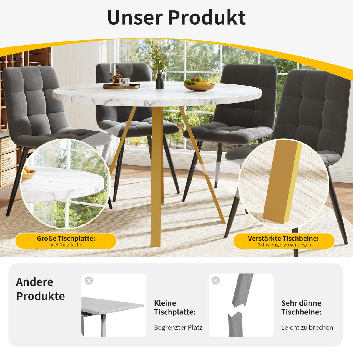 JÍDELNÍ stůl 80/80/75 cm bílá a zlatá z MDF a kovu s mramorovým dekorem - bílá, kompozitní dřevo (80/80/75cm) - OKWISH