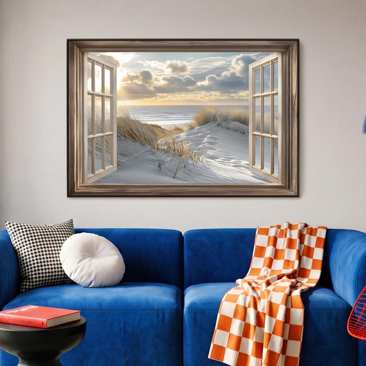 LEINWAND Bilder mit Rahmen - Ausblick - Strand - Dünen - Meer - Natur - 90x60 - Sandfarben, Textil (90/60cm) - MuchoWow