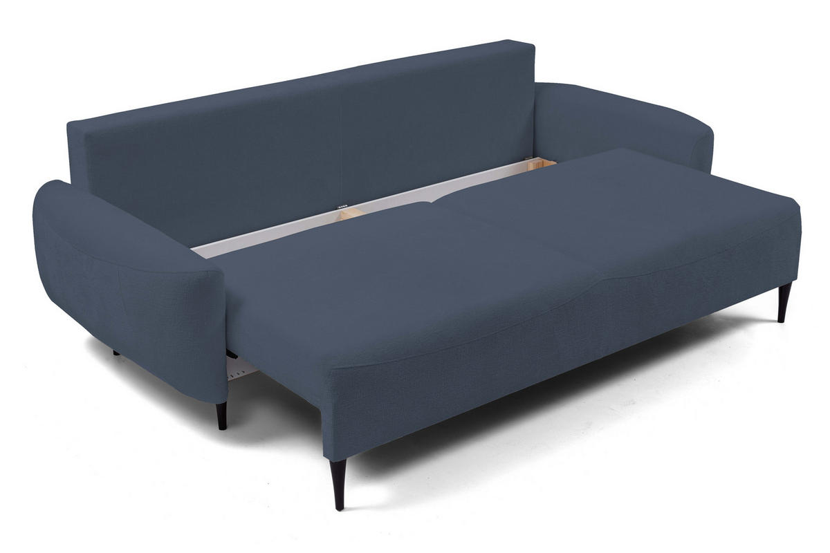 SOFA BOHO Mit Schlaffunktion Und Bettkasten, Wellenfederung, PUR-Schaum, Holzfüße, lose Rückenkissen, freistehend, 244x102x92 cm Dark blue - Dunkelblau, Holz/Textil (244/92/102cm) - DomoHome