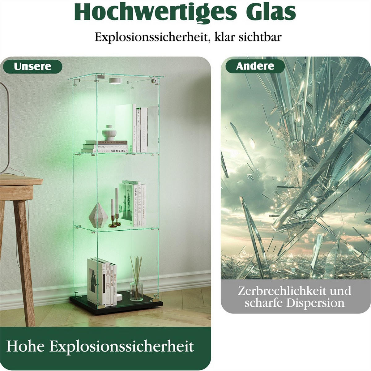 VITRINE - Glasvitrine mit 1 Tür - 3 Ebenen und LED-Beleuchtung - Schwarzer Boden - Schwarz, Glas (39.8/123.3/35cm) - DELFA
