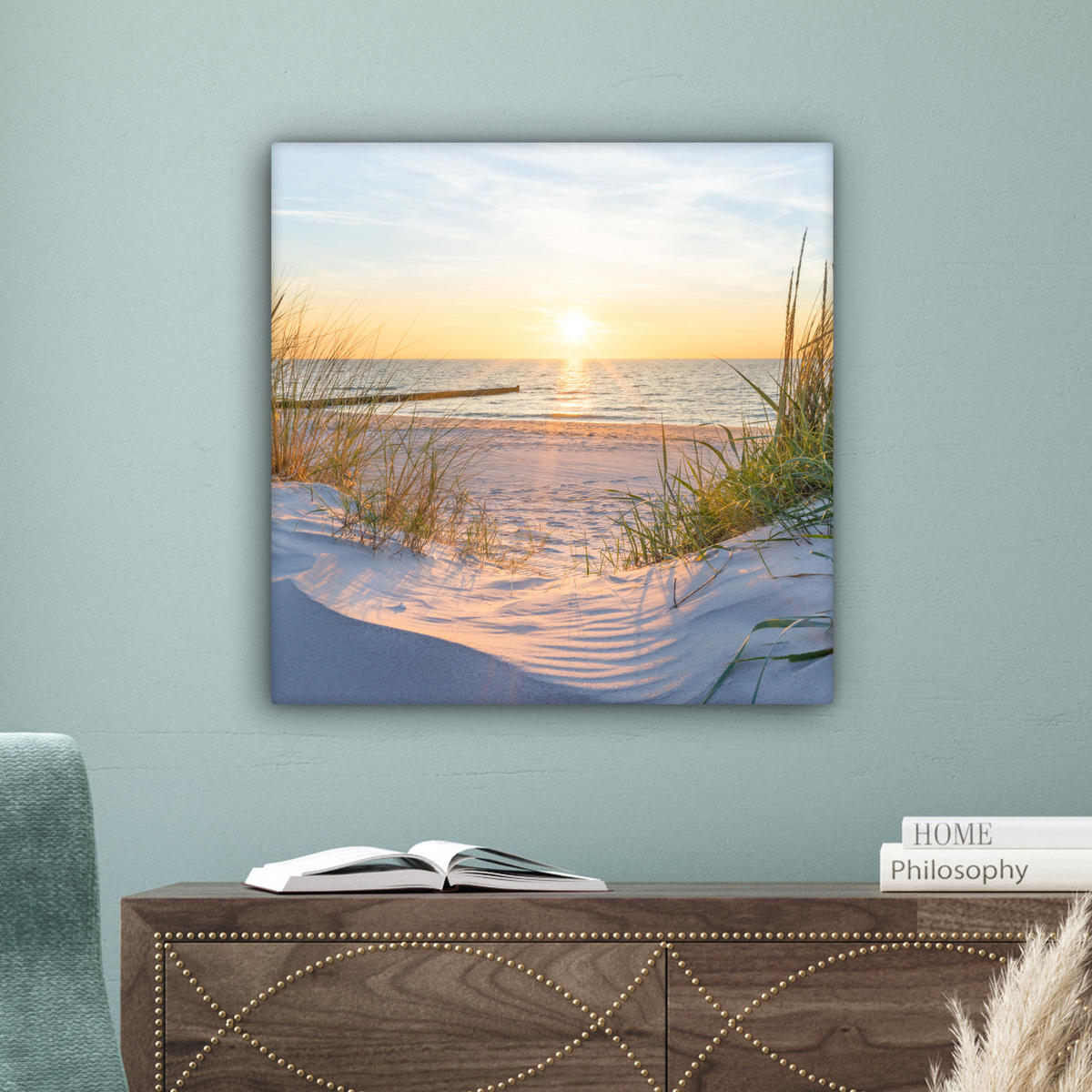 LEINWANDBILD Strand - Sonne - Düne - Gras - Sand - Horizont Wandbild Wohnzimmer 50x50 cm - Hellblau, Textil (50/50cm) - MuchoWow