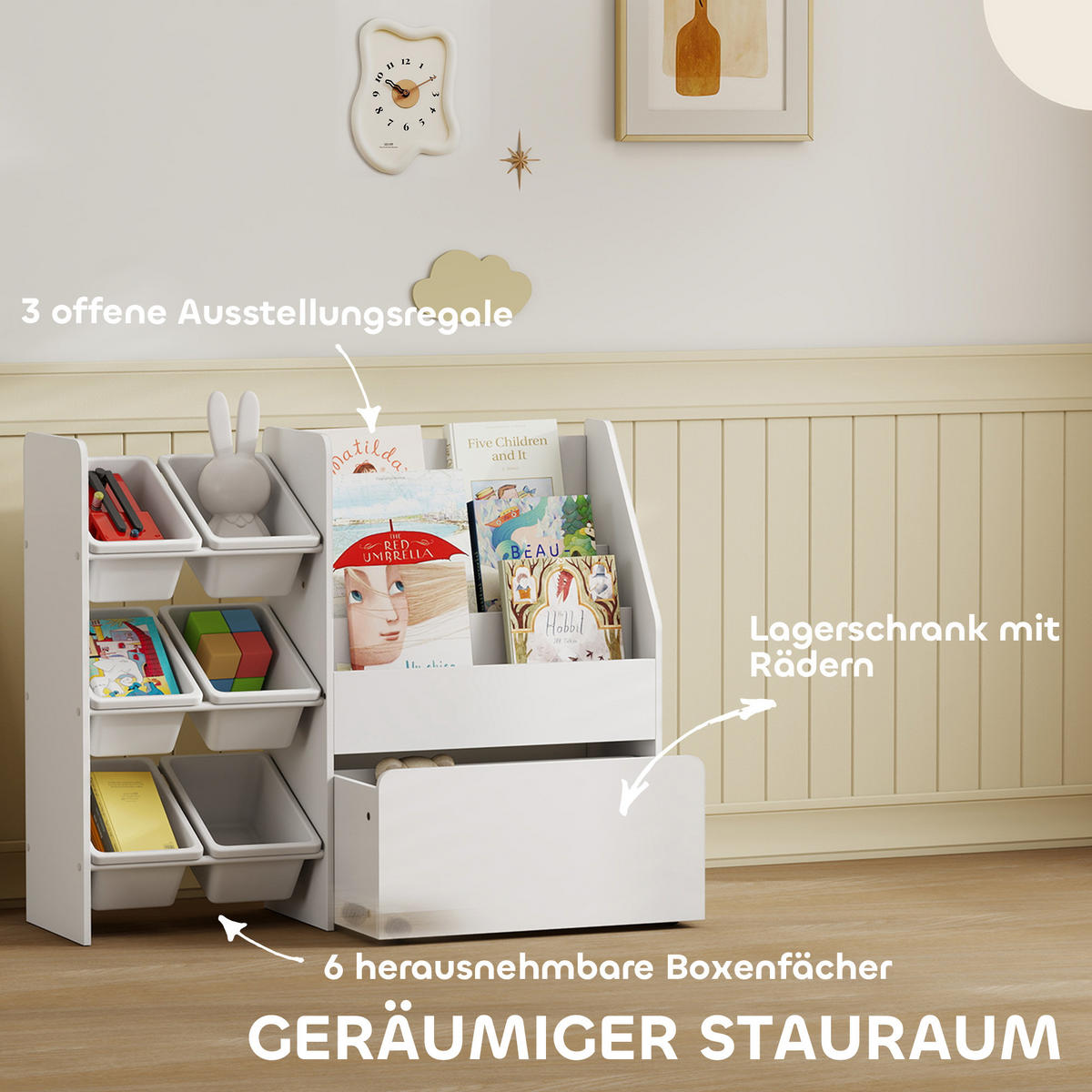 SPIELZEUGREGAL DE-09568 6 Behälter mit rollbarer Box Weiß - Weiß, Holzwerkstoff (100/80/30cm) - ComfortXL