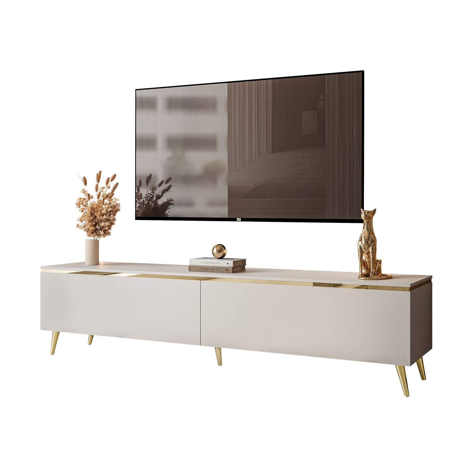 LOWBOARD RTV AURORA Kaschmir mit schräge Goldchrom Fuße und LED Beleuchtung - Kaschmir/Goldfarben, Holzwerkstoff/Metall (180/45/40cm) - Lookway