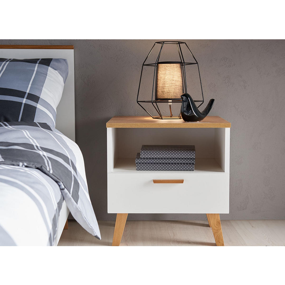 NACHTTISCH FRISK mit Schubladen, weiß - Eichefarben/Weiß, Eichenholz/Holzwerkstoff (48/50/46cm) - KONSIMO®