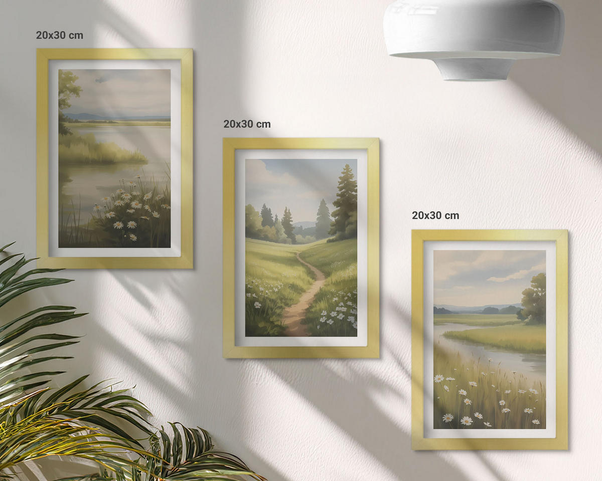BILDER SET 3er Set - 20x30 cm Goldrahmen - Frühlingslandschaft Flusswiese - Goldfarben, Kunststoff (20/30cm) - TULUP