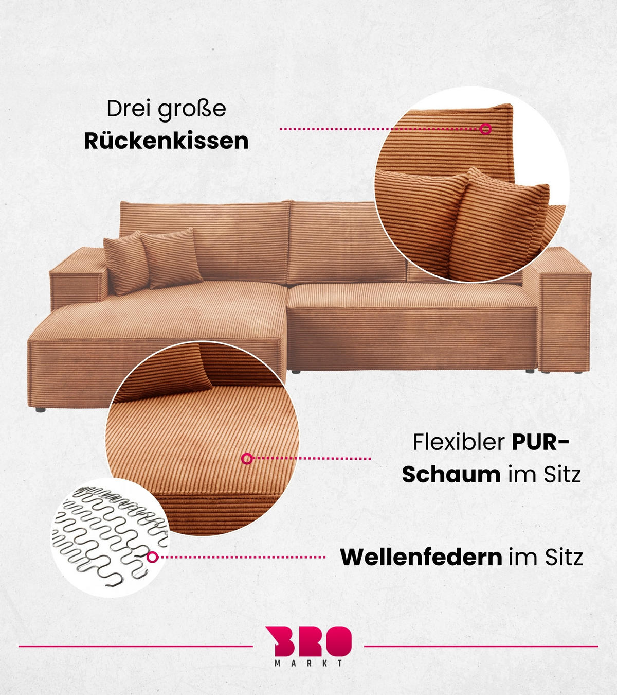 ECKSOFA Pablo mit Schlaffunktion Orange Cord - Orange, Textil (294/185cm) - Bromarkt