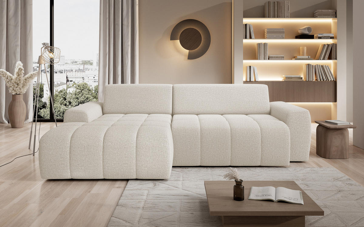 ECKSOFA Savio Freistehend, Mit Abriebfestem Kansas-Stoff, Maße 265x172x81cm, Ausziehbare Sitzfläche 206x92cm, Linke, Helles Beige - Ecru, Holz/Textil (172/265cm) - DomoHome
