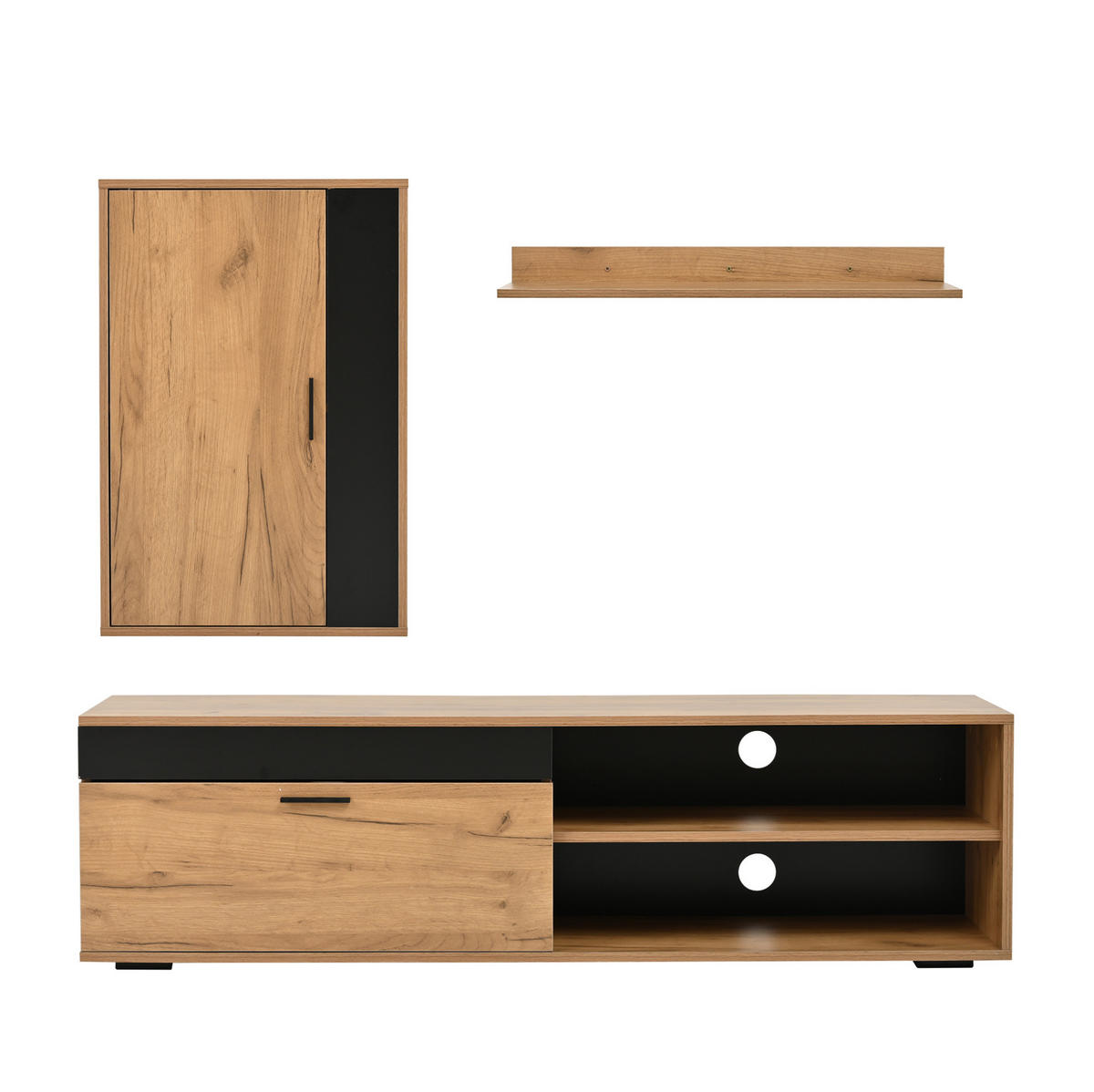 LOWBOARD TV-Möbel-Set 140/35/39 cm aus Spanplatte mit Sanftschluss-Scharnieren Eichefarben/Schwarz - Naturfarben, Holzwerkstoff (140/39/35cm) - Modenvie