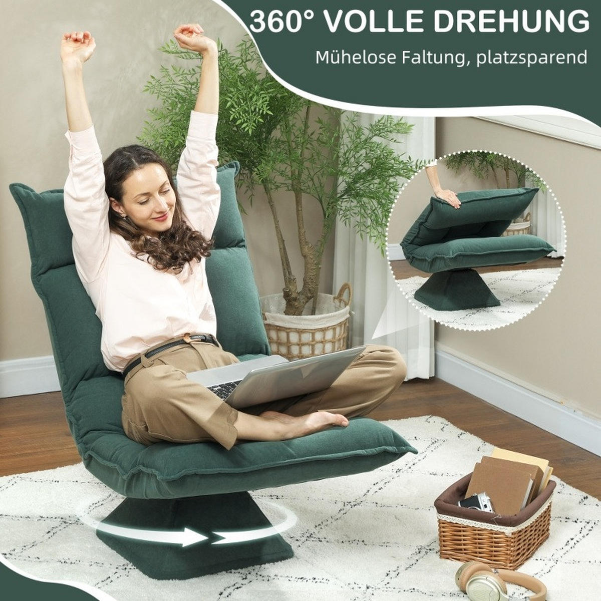 BODENSTUHL Polyester mit 360° Drehfunktion, 5-fach verstellbarer Rückenlehne 70/62/95 cm Grün - Grün, Textil (62/95/70cm) - Redom