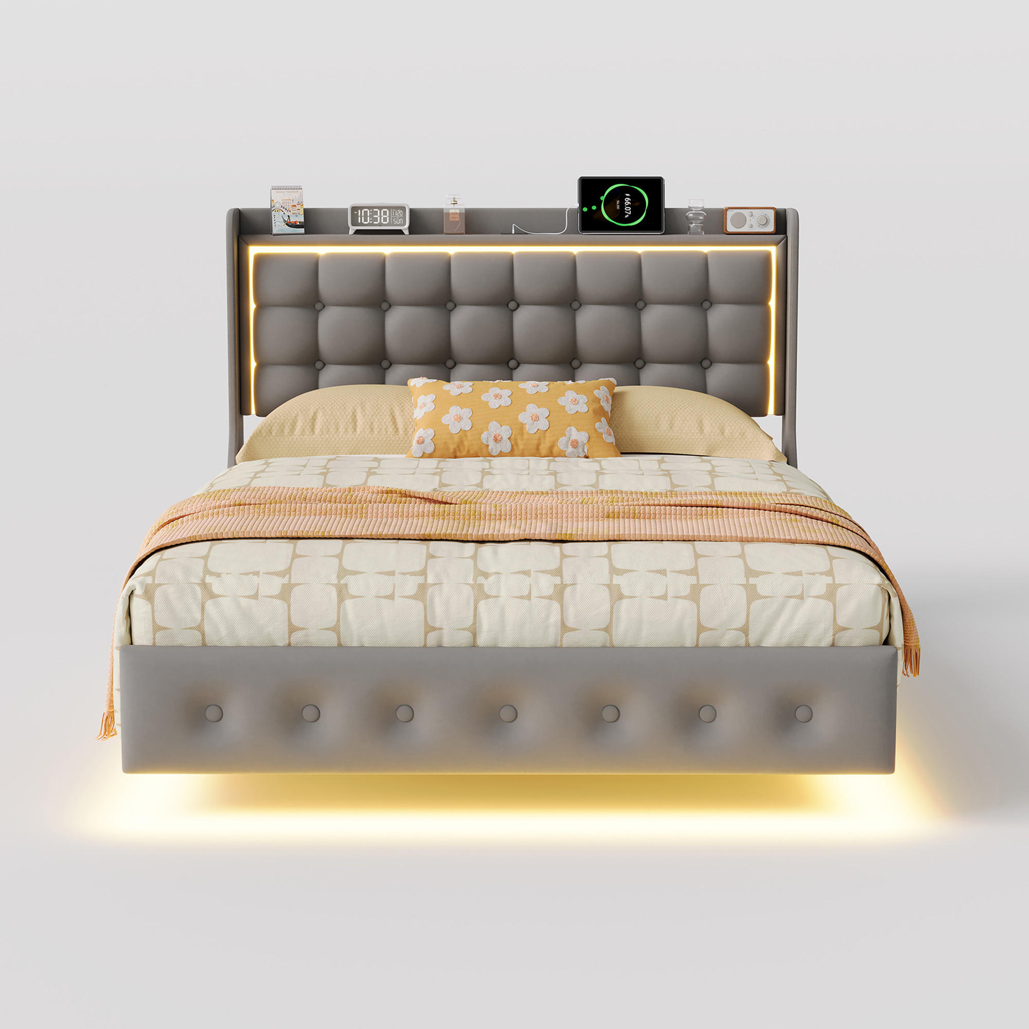 POLSTERBETT 160x200 cm mit LED und USB, Doppelbett mit Lattenrost und Kopfteil, Samtbezug, Grau - Grau, Holzwerkstoff/Textil (160/200cm) - GENKI LIVING