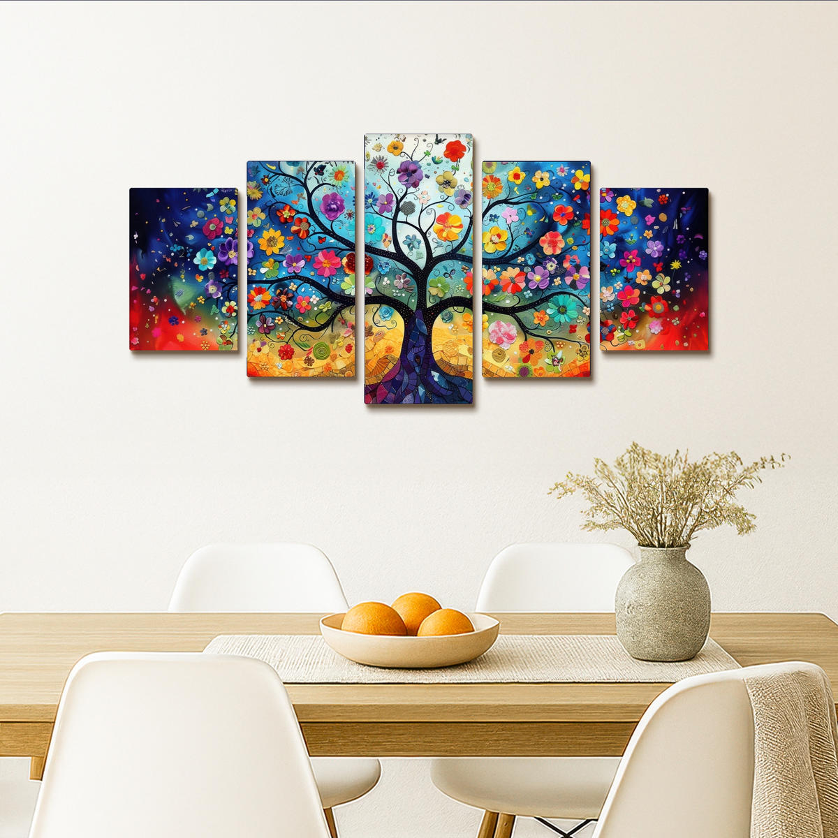 LEINWANDBILD 5er Set Bunt - Baum des Lebens - Blumen - Abstrakt 100x50 cm - Blau, Textil (100/50cm) - MuchoWow