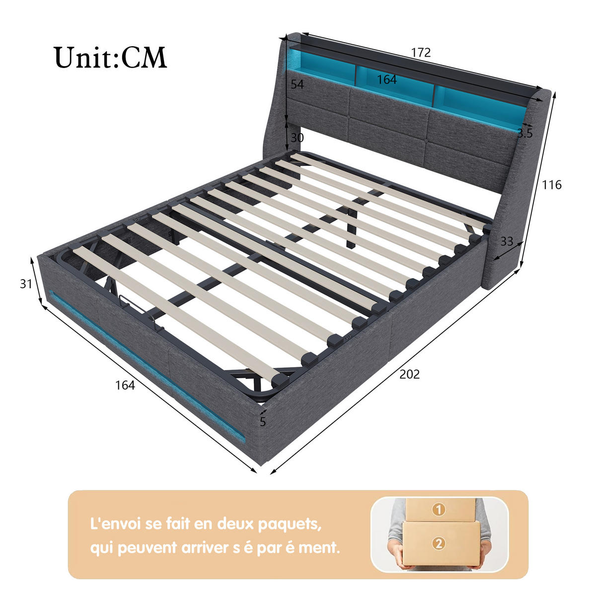 POLSTERBETT 140x200 cm, Grau, mit USB, LED-Beleuchtung - Grau, Textil/Metall (140/200cm)