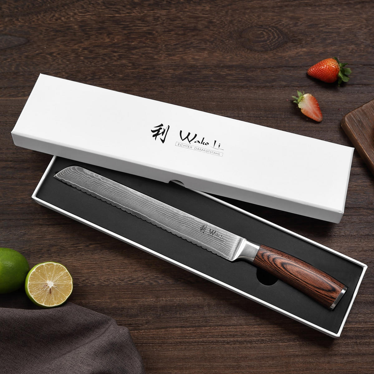 BROTMESSER lang Damast I EDIB - Braun, Holz/Metall (30cm) - Wakoli