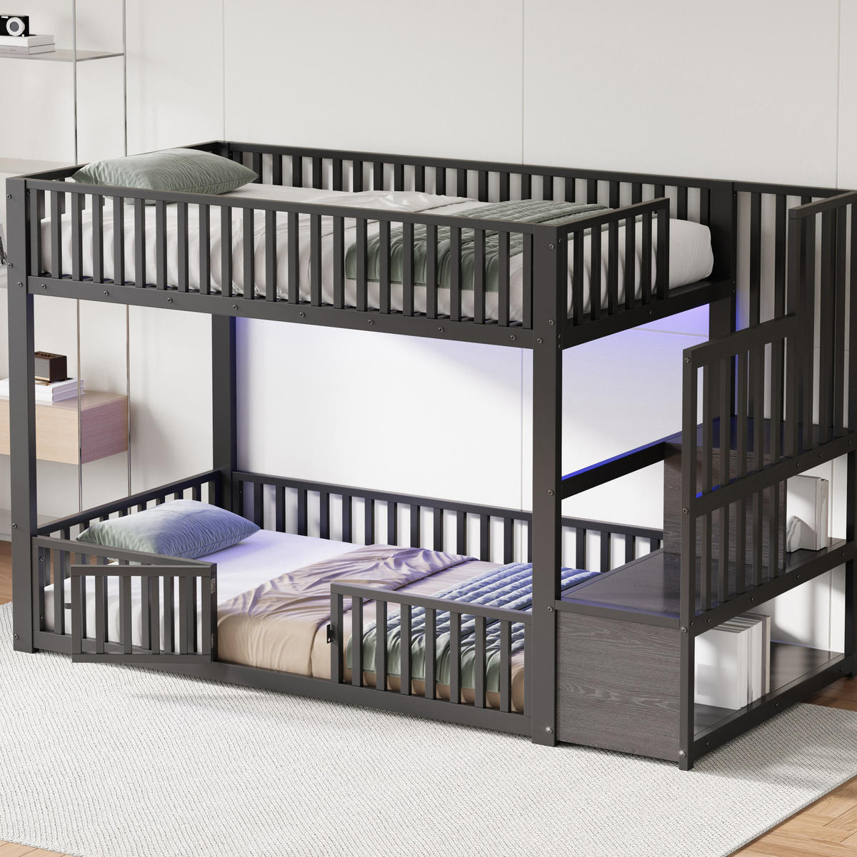 ETAGENBETT 90/200 cm aus Metall/MDF mit LED und Stauraumleiter Schwarz - Schwarz, Holzwerkstoff (90/200cm) - Modenvie