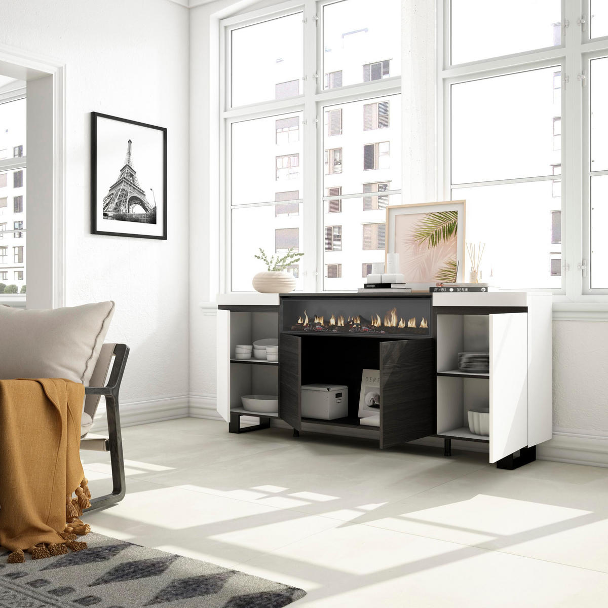 SIDEBOARD Elektrokamin, weiß und schwarz, 200/35/87cm - Multicolor/Schwarz, Holzwerkstoff (200/87/35cm) - Skraut Home