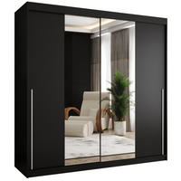 SCHIEBETÜRENSCHRANK mit Spiegel 200 cm Breite, schwarz mit silbernem Griff - Silberfarben/Schwarz, Holzwerkstoff (200/200/62cm) - Home Collective
