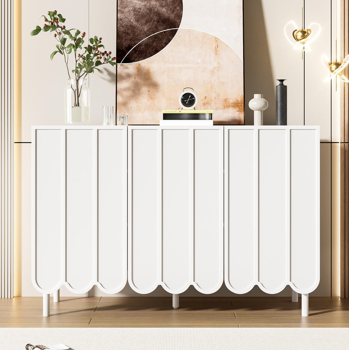 SIDEBOARD 120/35/80 cm in Weiß mit Wellentüren und verstellbaren Regalböden - Weiß, Holzwerkstoff (120/80/35cm) - Flora Grace