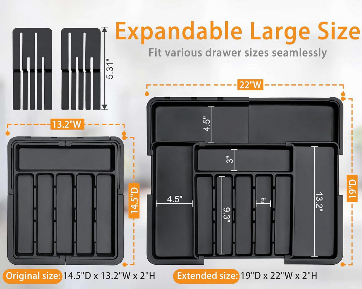 BESTECKEINSATZ,ERWEITERBAR, (33,53–55,88) cm × (36,83–48,26) cm, Schwarz - Schwarz, Kunststoff (48.26/5/55.88cm) - Weltevree