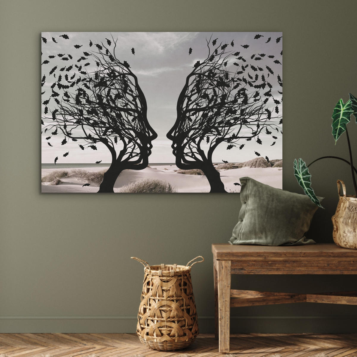 AKUSTIKBILD Strand - Meer - Menschen - Baum - Moderne Kunst Akustikpaneele 90x60 cm - Hellgrau, Kunststoff (90/60/0.9cm) - MuchoWow