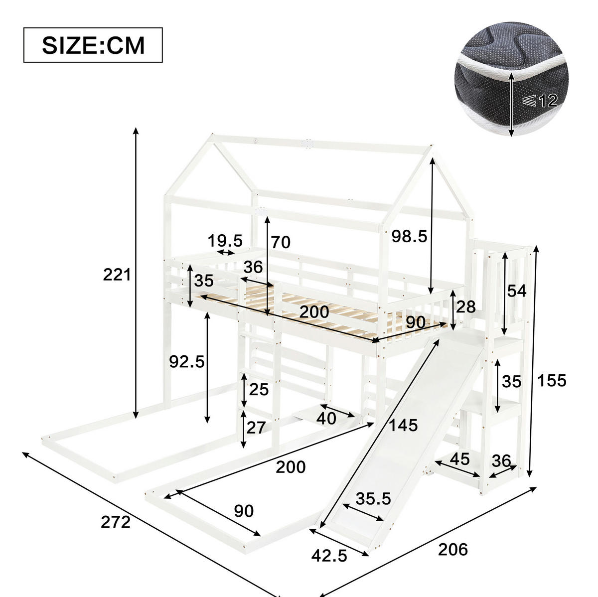 ETAGENBETT Hausbett mit Rutsche, Weiß, 90/200 cm, 3 Schlafplätze - Weiß, Holz (90/200cm) - MIVRAY