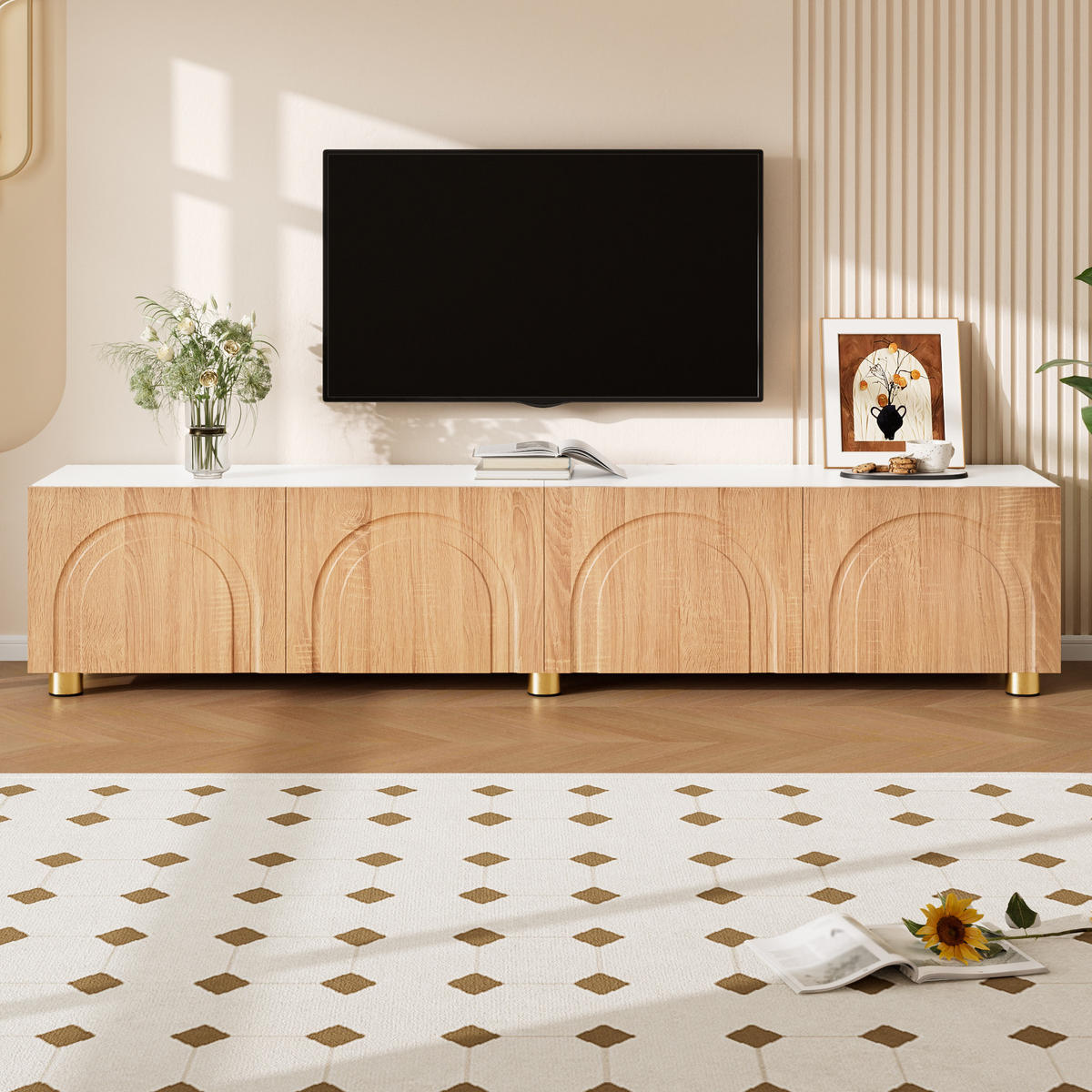 LOWBOARD in Naturfarben TV-Schrank mit Metallfüße, 180 L/35 B/40H(cm), für Wohnzimmer - Schwarz/Naturfarben, Holzwerkstoff/Metall (180/40/35cm) - STILVORA