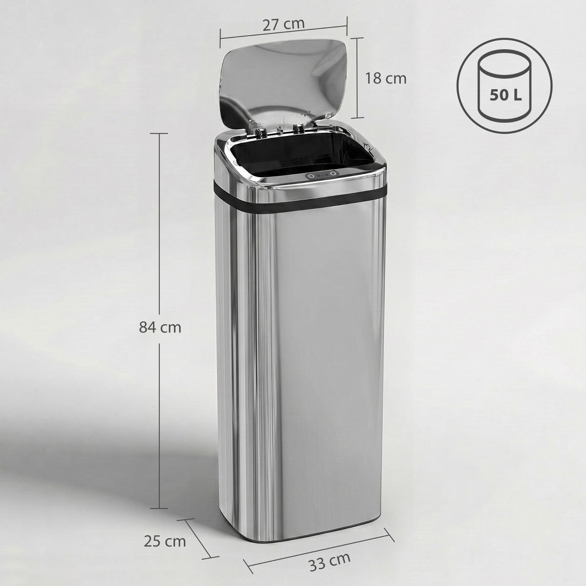 MÜLLEIMER 50L 33/25/84 cm Edelstahl Silber Automatik Küche - Silberfarben, Metall (25/84/33cm) - Rolipo