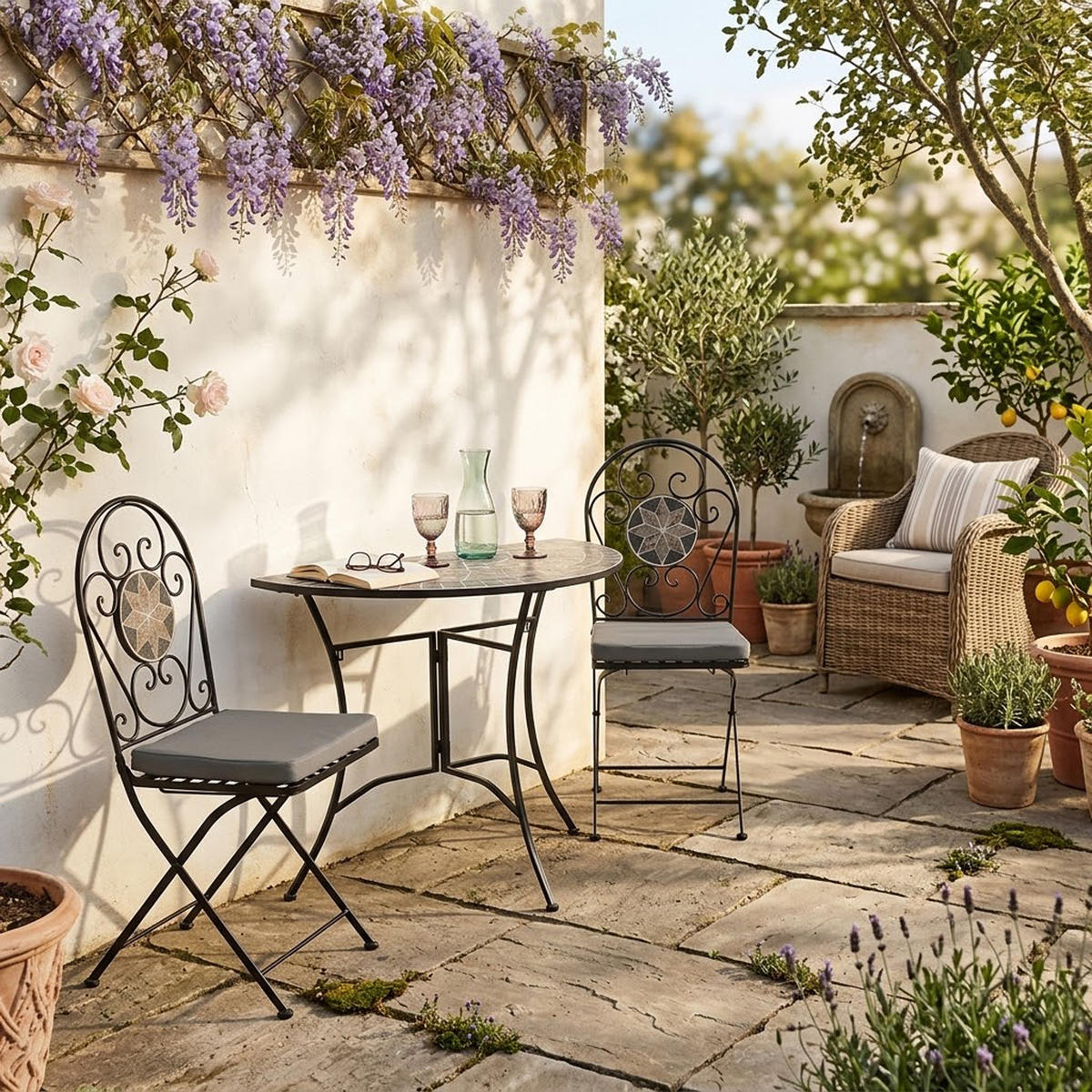 BISTROSET Derby - Gartenset 3-teilig (2x Klappstuhl, 1x Wandtisch 90x45cm halbrund) aus schwarz pulverbeschichtetem Eisen - Grau, Metall - TPFGarden